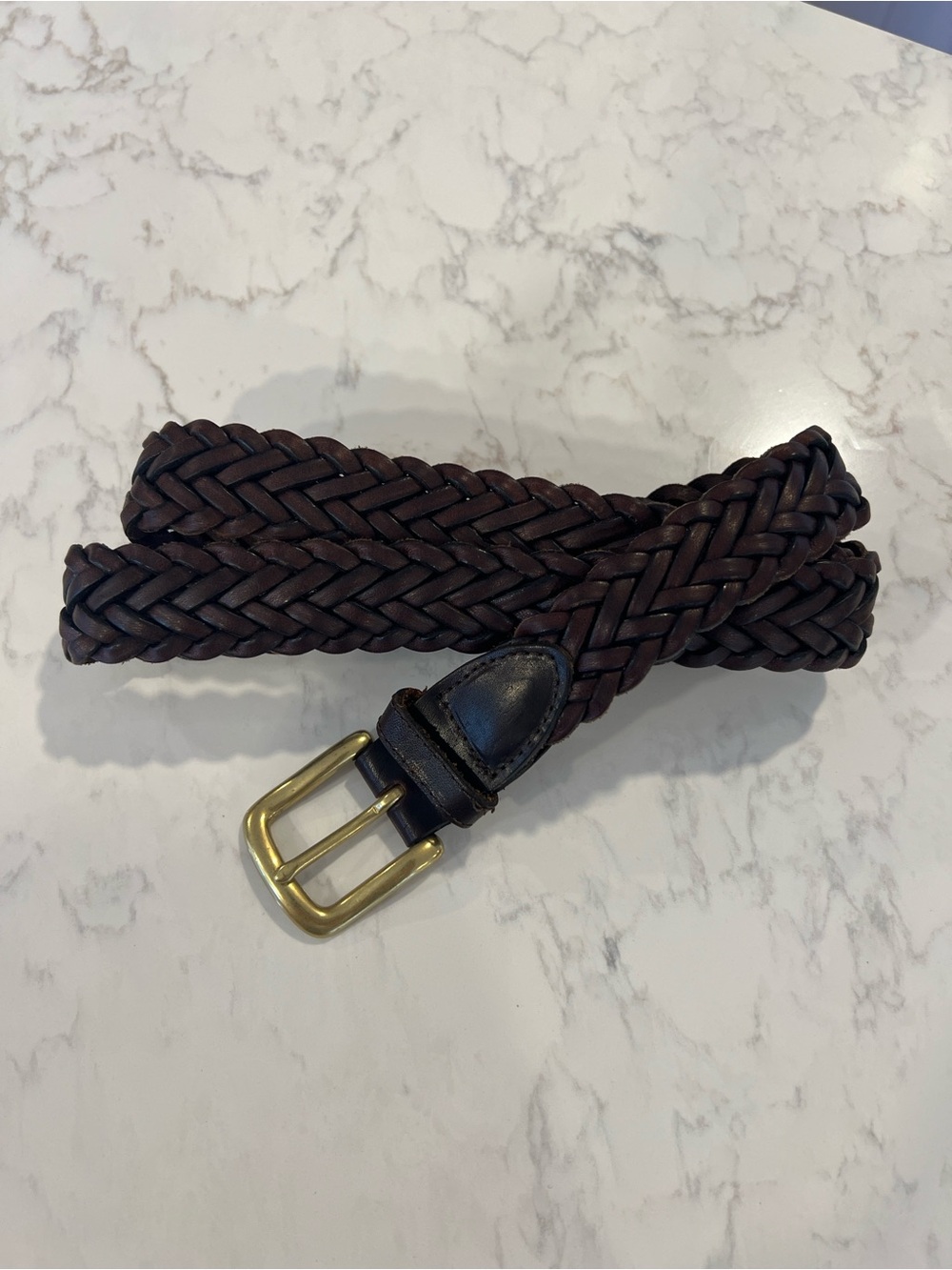 Braided Leather Belt in Dark Brown, Solid Brass Buckle, Size 38